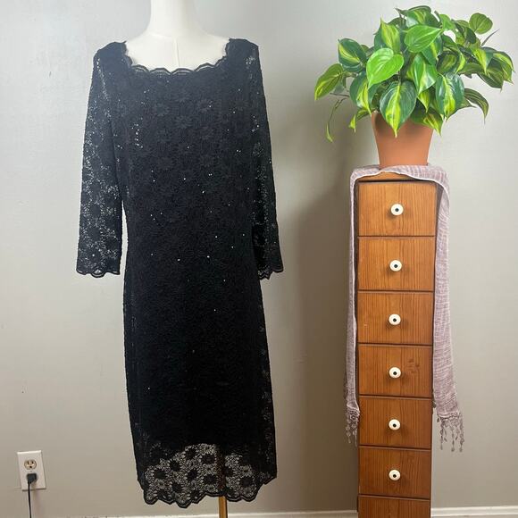 Onyx Nite Black Sequin V Neck Knee Length Dress Size 16 - Picture 2 of 9